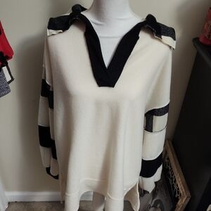 NWOT BiBi Women's Black and Cream Striped Sweater Size Medium